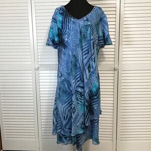 R&M Richards Y2K Boho Chic Blue Abstract Pleated Tiered Midi A-line Dress 20W